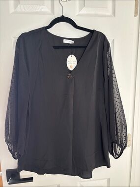 POGTMM Black V-Neck Blouse with Sheer Dotted Bishop Sleeves